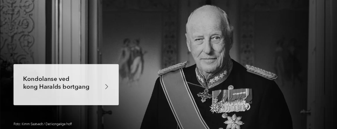 Et bilde av avdøde Kong Harald med en klikkbar knapp med teksten Kondolanse ved Kong Haralds bortgang.