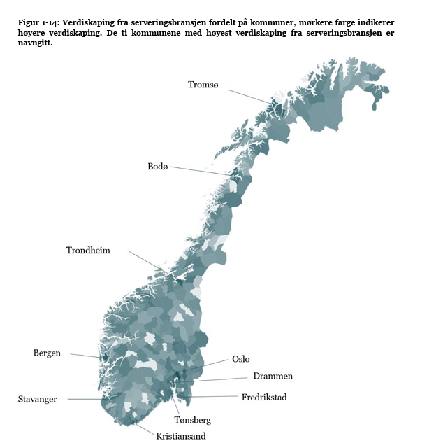 et kart som viser verdiskaping fra serveringsbransjen fordelt på kommuner, mørkere farge indikerer høyere verdiskaping. De ti kommunene med høyest verdiskaping fra serveringsbransjen er navngitt. 