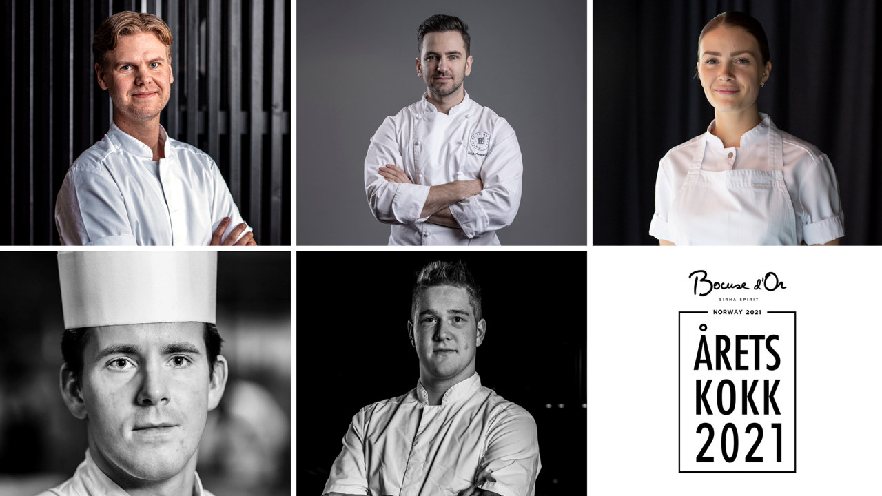 Collage med protrettbilder av alle de fem kandidatene til årets kokk 2021.