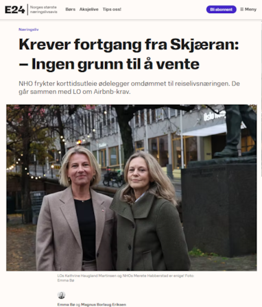Faksimile fra E24s sak om korttidsutleie, med bilde av LO-sekretær Kathrine Haugland Martinsen og NHOs Merete Habberstad