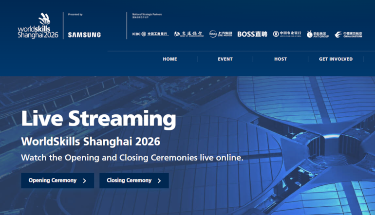 grafikk med teksten Live Streaming WorldSkills Shanghai 2026 Watch the Opening and Closing Ceremonies live online.