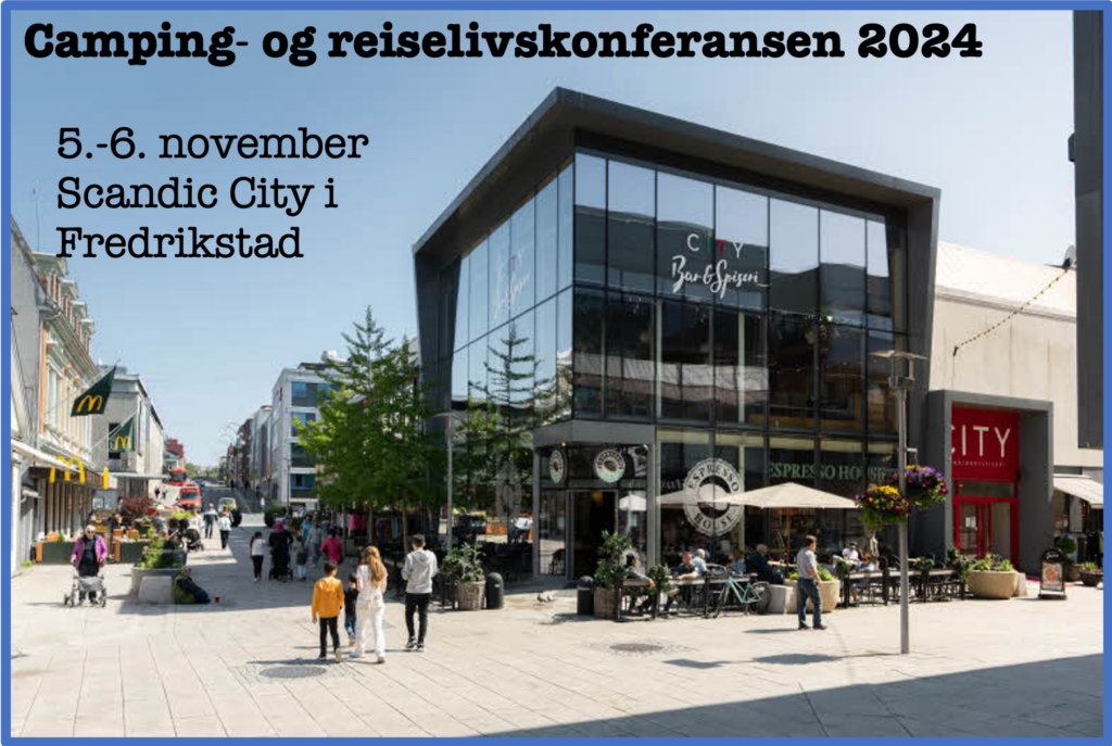 Bilde som viser teksten Camping- og reiselivskonferansen Alta 19. oktober 2021 med logoene til arrangørene Norsk TuristUtvikling AS, Nasjonal klynge for campingnæringen og NHO Reiseliv. 