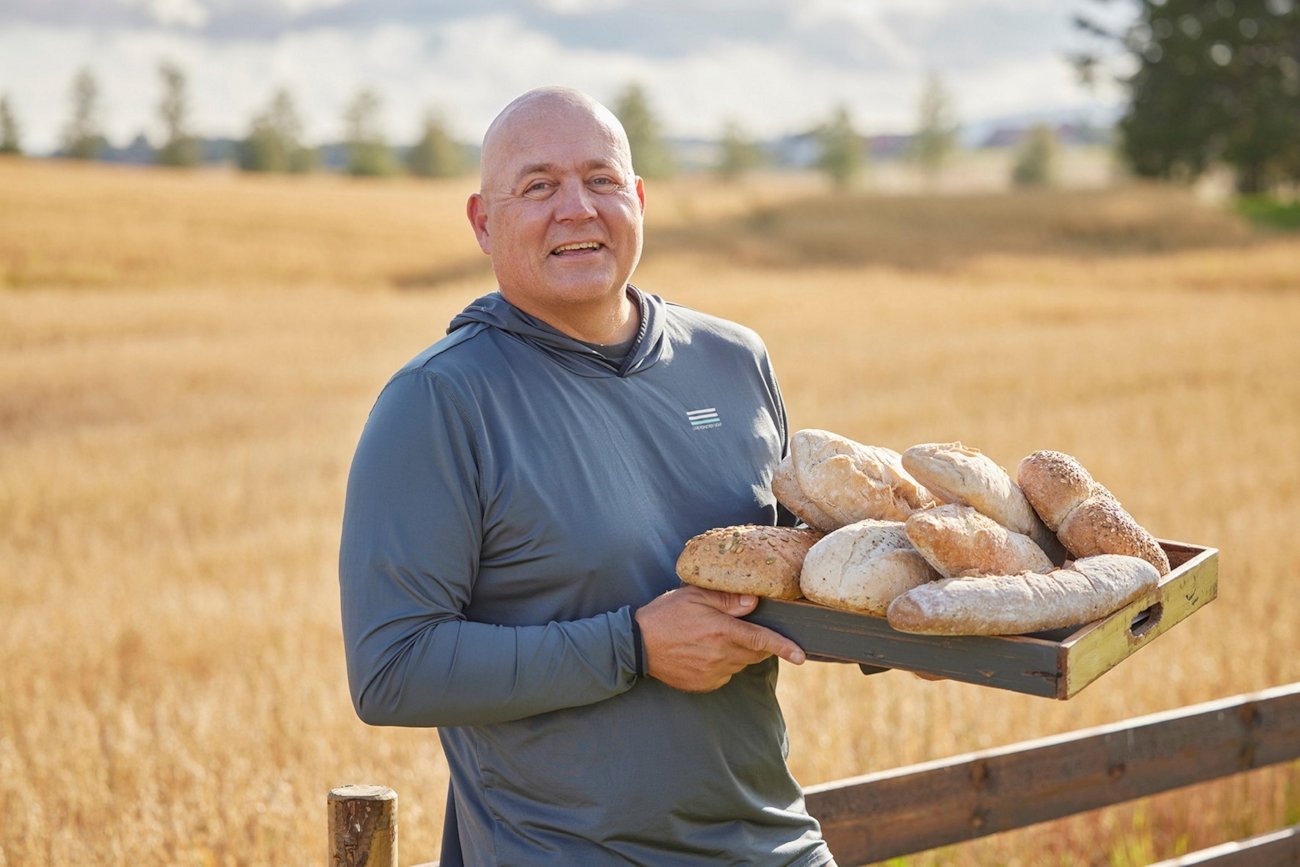 Mann i blå skjorte på åker som holder brød på et fat, Foto.