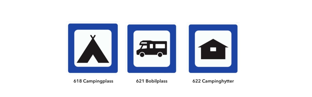 Bildecollage med tre skilt. 618 campingplass, 621 bobilplass og 622 campinghytter.