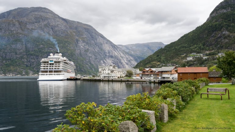 Et cruiseskip som ligger til havn i en fjord.