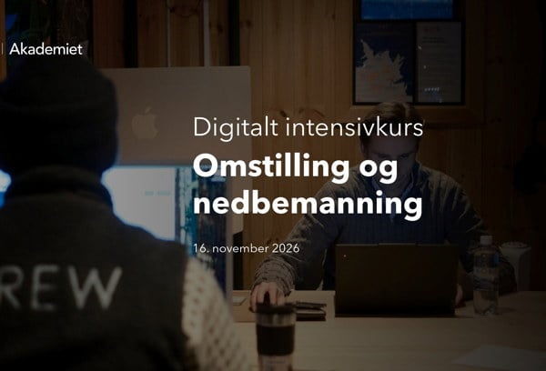 Grafikk for NHO Reiseliv Akademiets digitale intensivkurs «Omstilling og nedbemanning». Bildet viser to personer ved datamaskiner i et rom med trevegger.