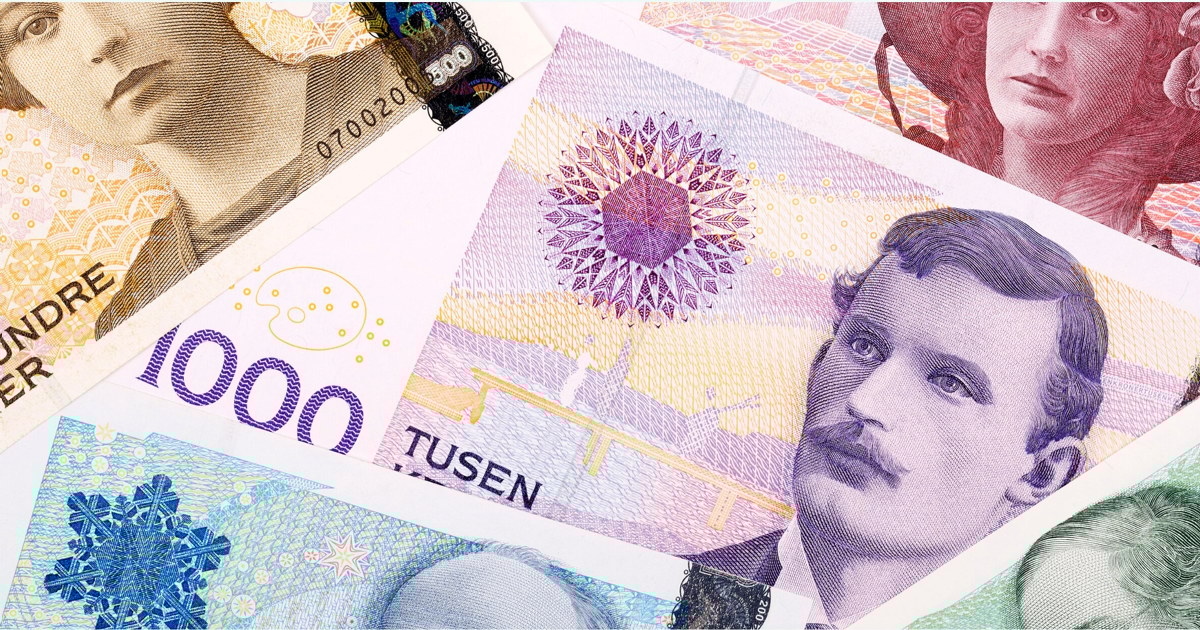 et bilde med ulike norske sedler