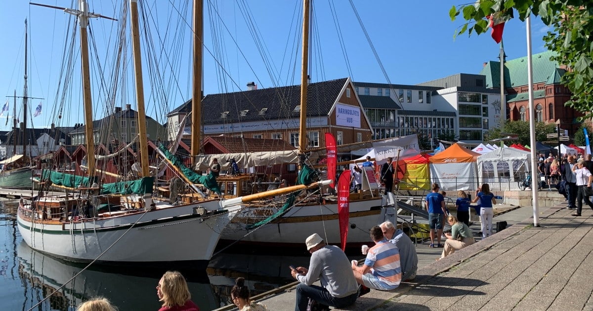 Pollen i solskinn under Arendalsuka2021. Båter og bygninger, inkludert Næringslivets hus, i bakgrunnen. Foto.
