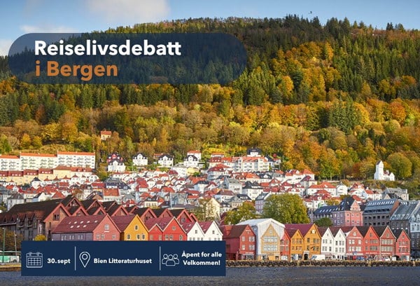 Bergen by med tekst "reiselivsdebatt i bergen"