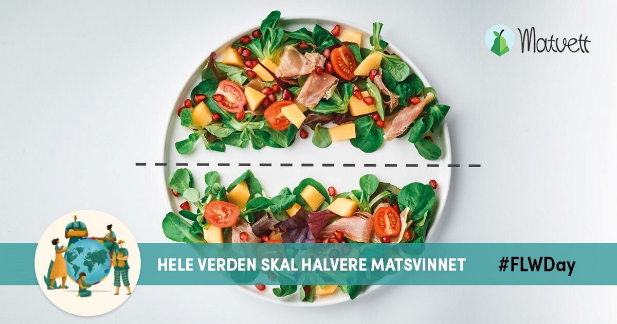 En tallerken med salat som er delt opp av en stiplet linje, med tekst i banner "Hele verden skal halvere matsvinnet". Foto.