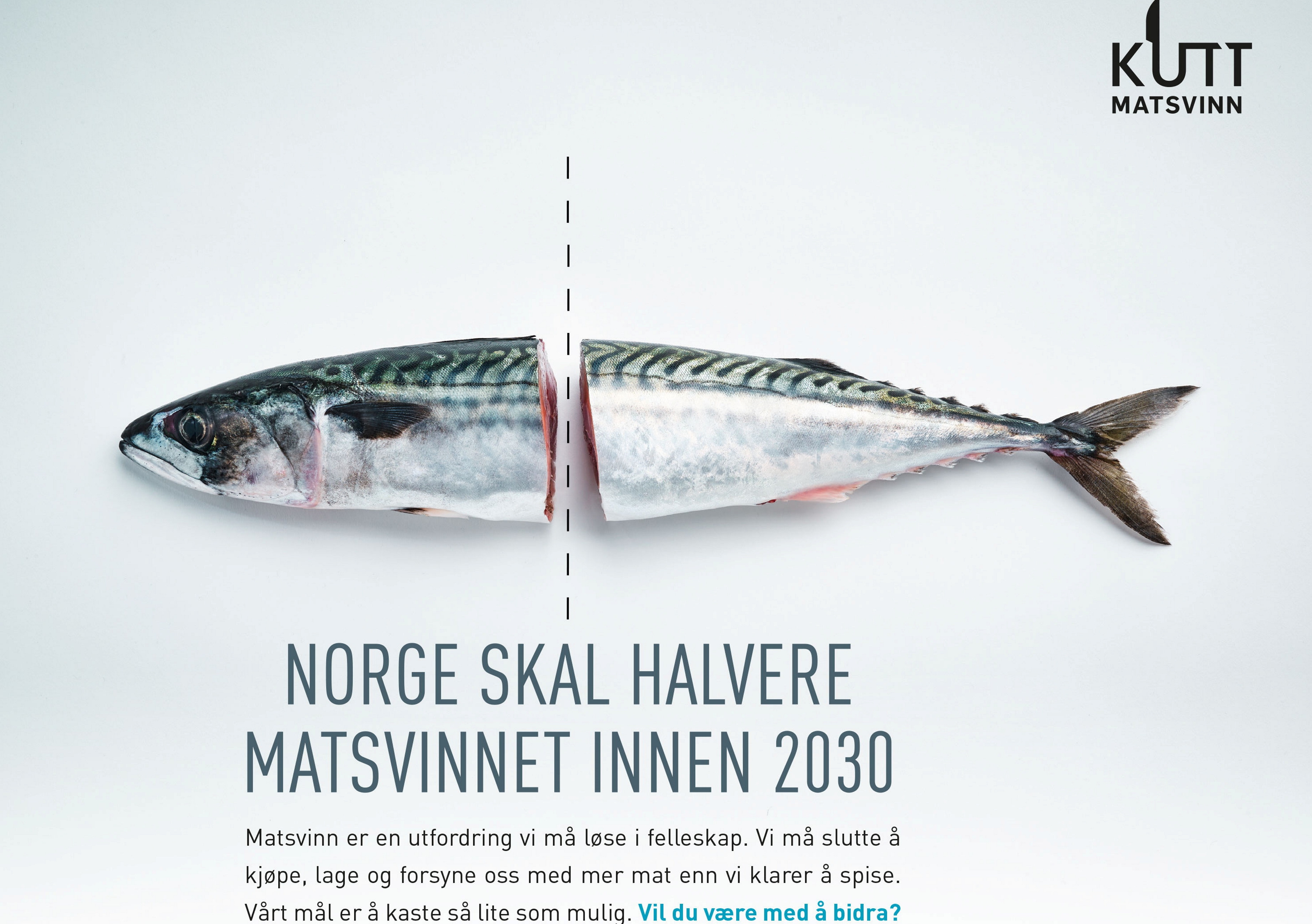 En plakat med bildet av en fisk som er delt i midten, og med tekst under fisken "NORGE SKAL HALVERE MATSVINNET INNEN 2030". Illustrasjonsbilde.