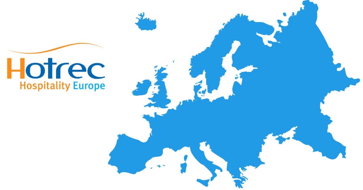 Et blått europakart med Hotrec-logoen ved siden av. Grafikk