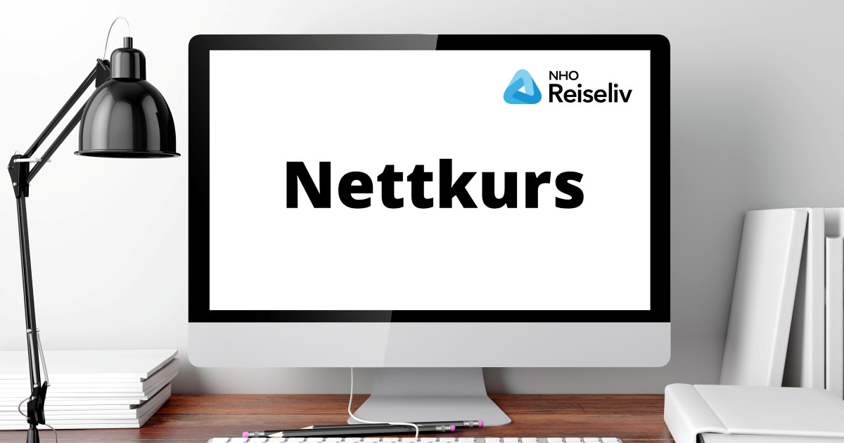 En datamaskin der det står ordet "Nettkurs" på med NHO Reiselivs logo. Foto.