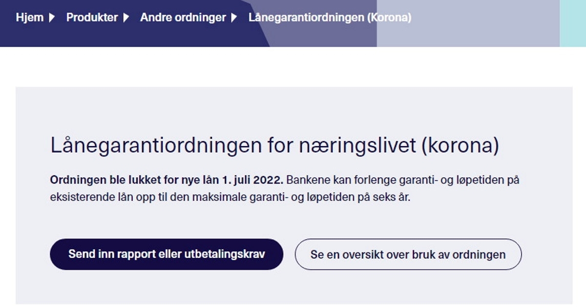 Skjermbilde fra en nettside som viser tekst og grafikk tilknyttet lånegarantiordningen for næringslivet (korona)
