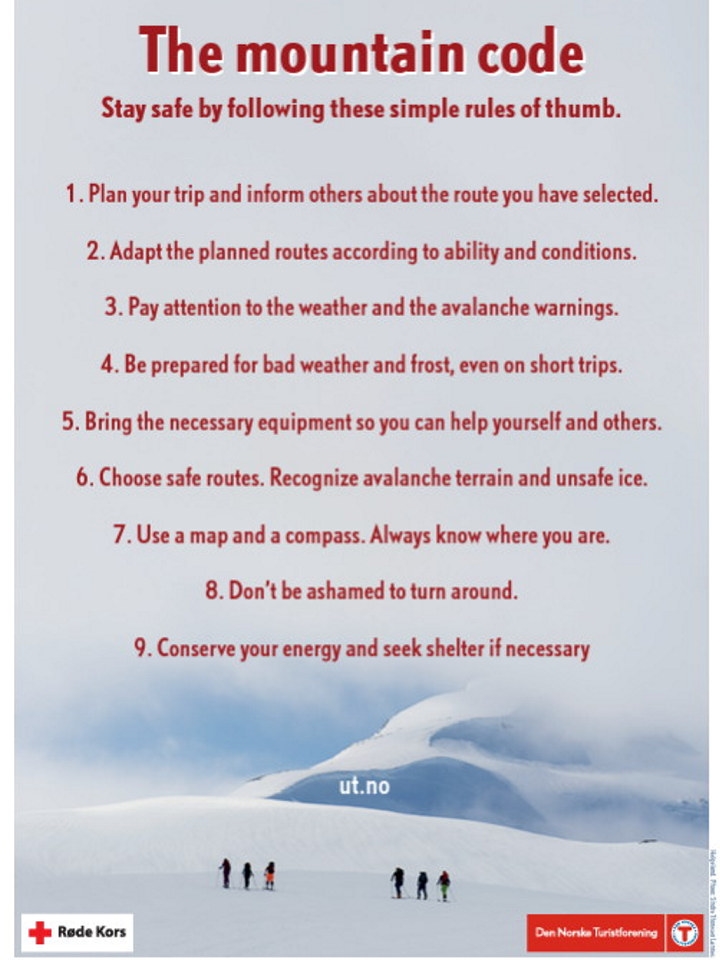 En plakat som lister fjellvett regelene på engelsk.