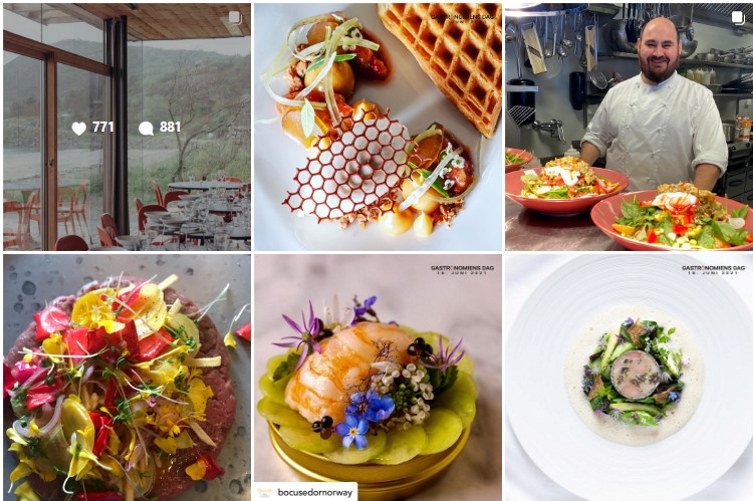En collage med seks ulike bilder av mat og restauranter. Skjermbilde.