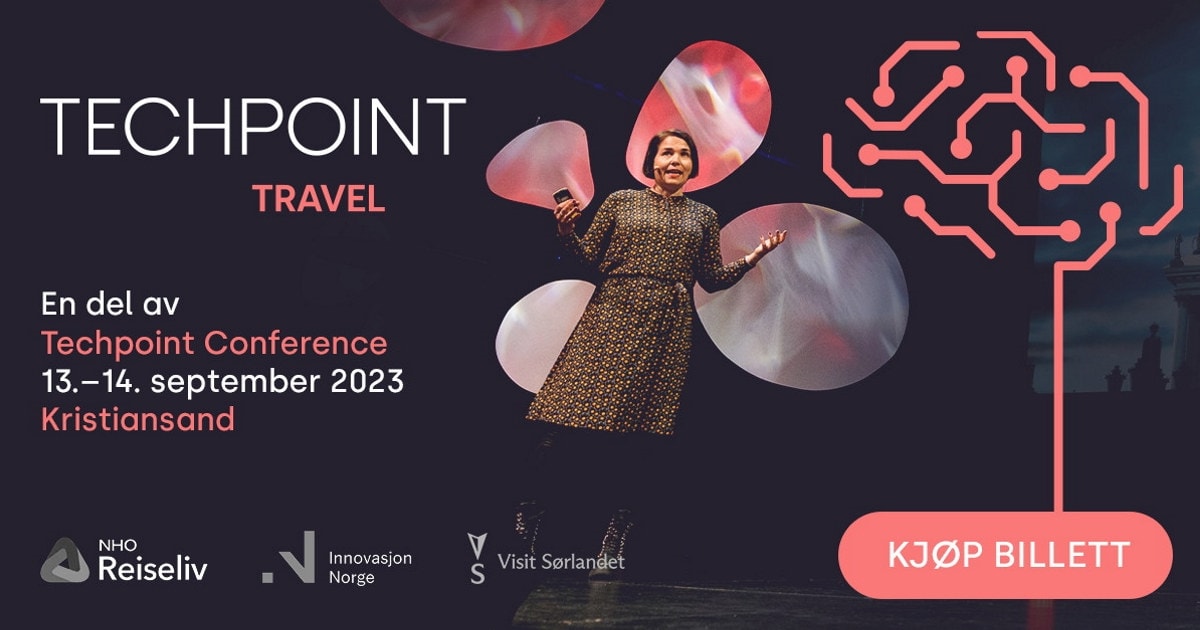 Et bilde av en kvinne som står på en scene. På bildet står det skrevet Techpoint Travel - en del av Techpoint Concerence 13. 14. september 2023 Kristiansand. Logoene til NHO Reiseliv, Innovasjon Norge og Visit Sørlandet står nederst i bildet.