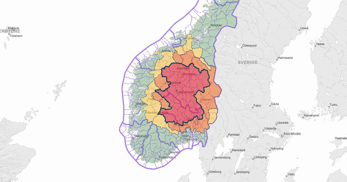 Et kart som viser et rødt område i deler av Sør-Norge