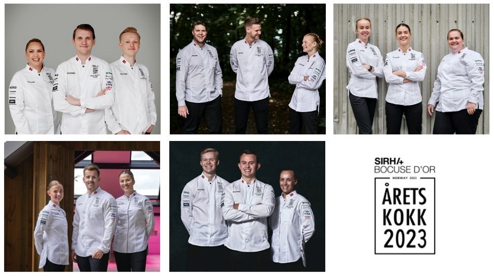Kollasj med mange bilder av kokker. Nederst i høyre hjørnet Bocuse d'or sirna spirit logo med teksten "årets kokk 2023".