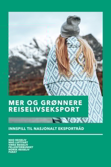 Fortiden på et dokument med bilde av en kvinne i vakker natur, med teksten Mer og grønnere reiselivseksport. Illustrasjon