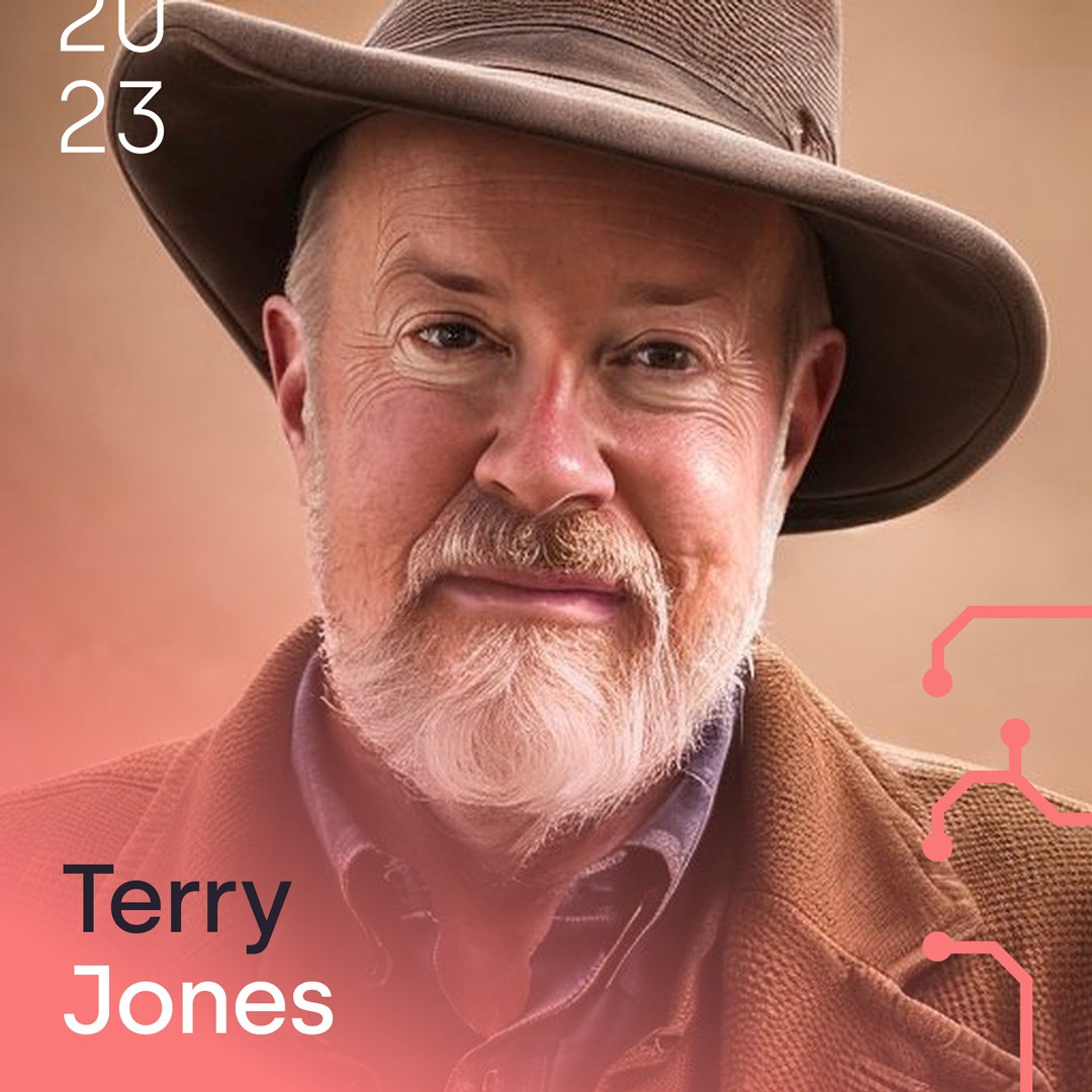 Portrettbilde av en mann med skjegg og hatt. På bildet står teksten Terry Jones, samt logoen til Techpoint Travel. Foto