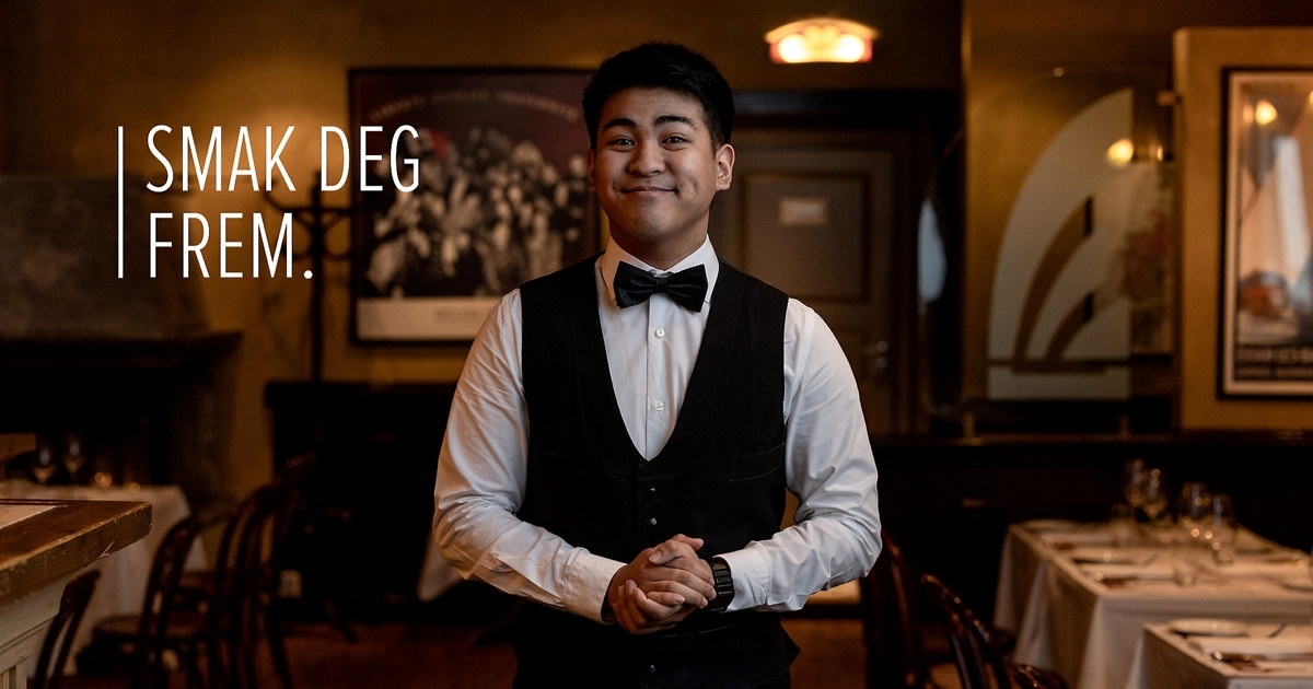 Ung, smilende mann i servitøruniform som står i en restaurant. Foto. Over bildet står teksten "Smak deg frem".