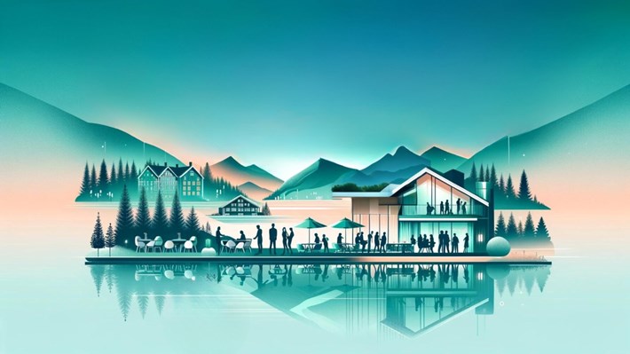 AI-generert illustrasjon som viser et landskap med tradisjonsrike hotellbygninger og en moderne restaurant med mennesker foran. Illustrasjon