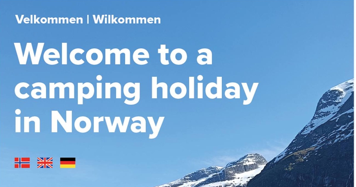 Bilde av forsiden på campingvettreglene. Teksten "Wecome to a camping Holiday in Norway" med det norske, tyske og britiske flagget under. nederst står en reke ulike logoer, inkludert NHO Reiselivs logo.