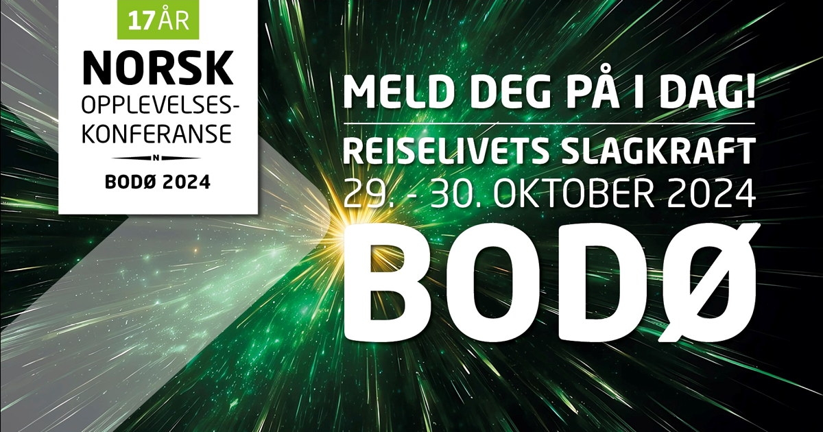 Banner med grønn grafikk og teksten Norsk opplevelseskonferanse 2024. Reiselivets slagkraft 29. - 30. oktober 2024 Bødø